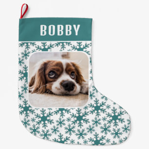 Hund Pet Photo Snowflake Snö Mönster Stor Julstrumpa