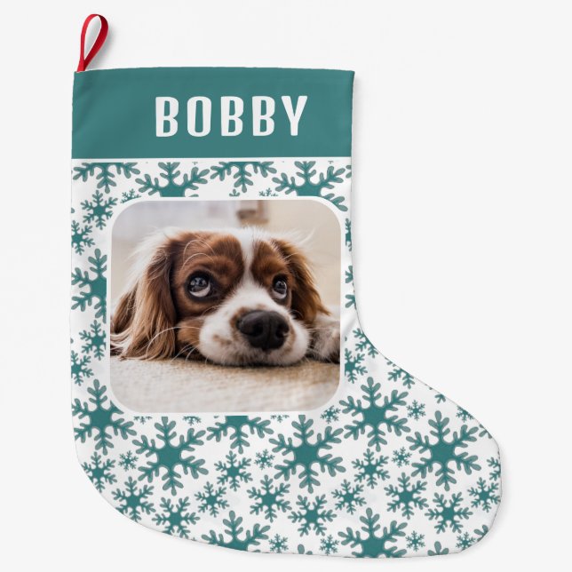 Hund Pet Photo Snowflake Snö Mönster Stor Julstrumpa (Framsidan)