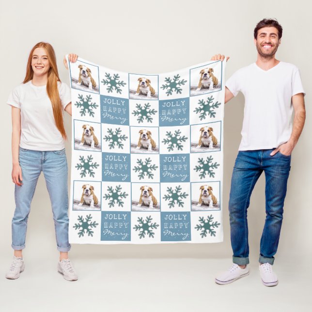 Hund Pet Photo Typography Snowflake jul Fleecefilt (På plats)
