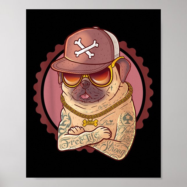 Hund, Pet, Tattoo, Rap _ Pug, Rapper Tee Poster (Framsidan)