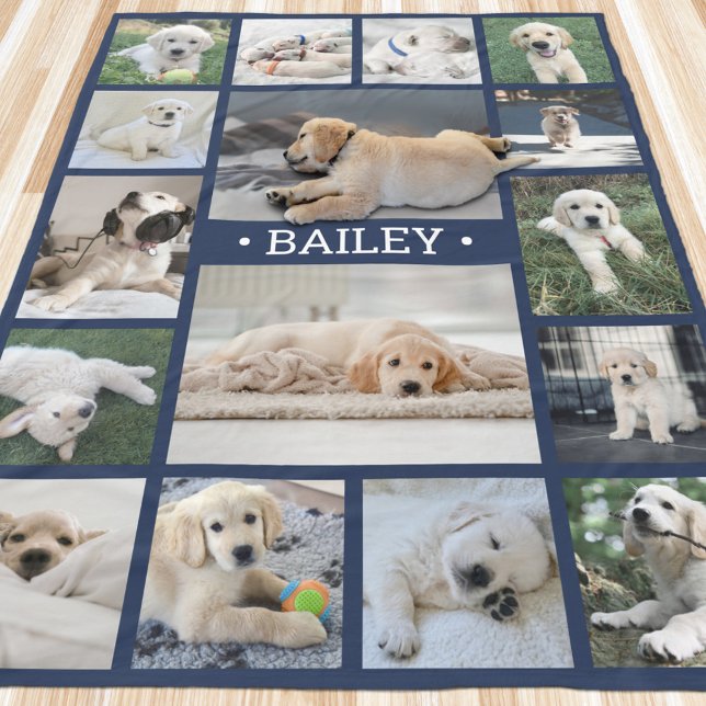 Hund Photo Collage Cute Modern Navy Blue and White Fleecefilt (Skapare uppladdad)