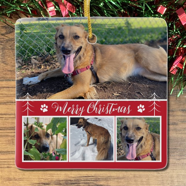 Hund Photo Collage Red jul Ornament (Add your dog favorite pictures to this ornament .)