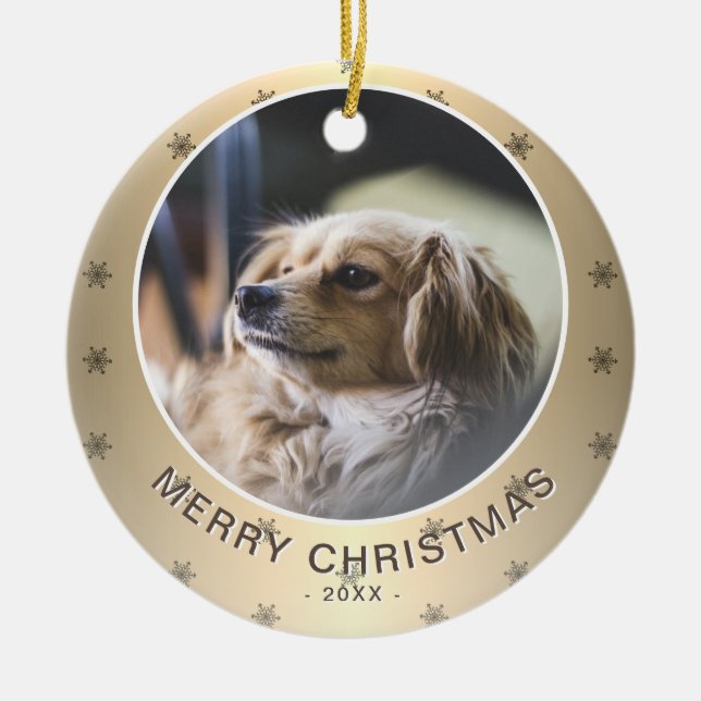 Hund Photo Golden Snowflake Metallic Jul Julgransprydnad Keramik (Framsidan)