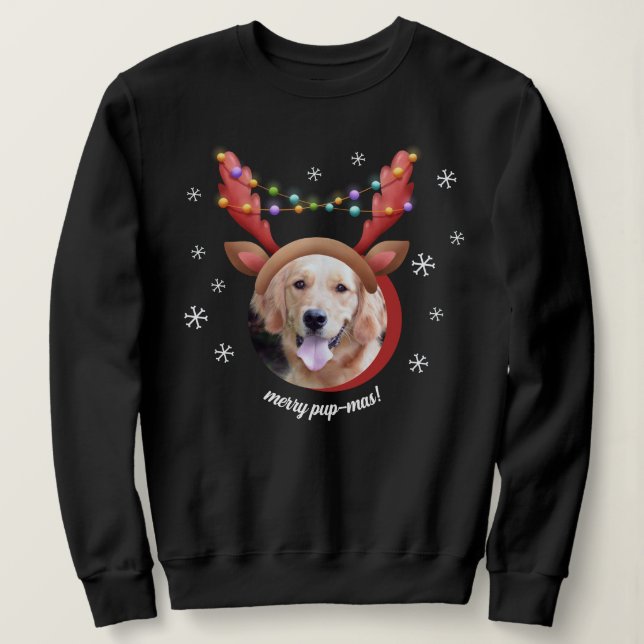 Hund Photo med Reindeer Antler Hat God jul T Shirt (Design framsida)