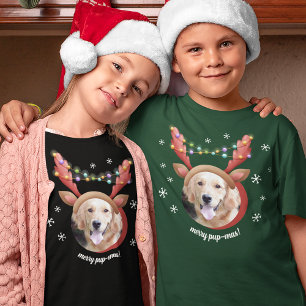 Hund Photo med Reindeer Antler Hat God jul T Shirt