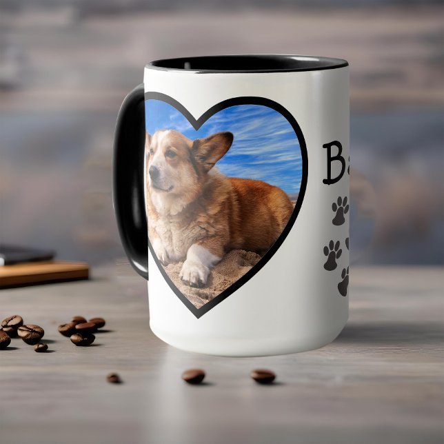 Hund Photo & Namn Valentine Heart Ram & Paw Skriv  Mugg (Pawprints mug personalized with your dog's name and photo in a heart frame)