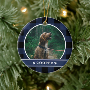 Hund Photo Navy Blue Play Tartan Julgransprydnad Keramik