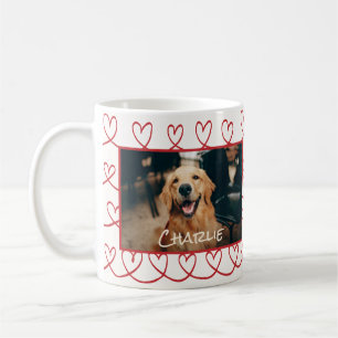Hund Photo och Namn Red Hand Drawn Heart Mönster Kaffemugg