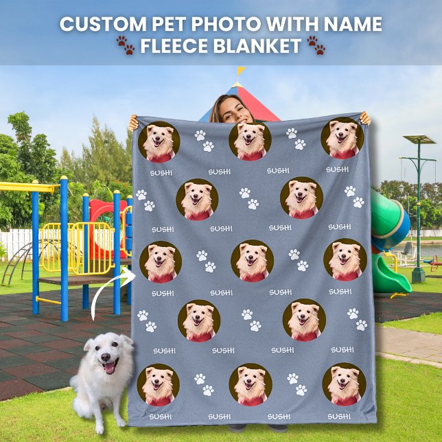 Hund Photo Pet Namn Tass avtryck Grått Fleece Blan (Your Dogs Photo and Name Custom Pet Photo Personalized Name Collage Fleece Blanket Dog Lovers)