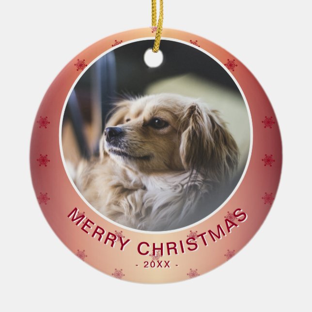 Hund Photo Red Snowflake Metallic Jul Julgransprydnad Keramik (Framsidan)