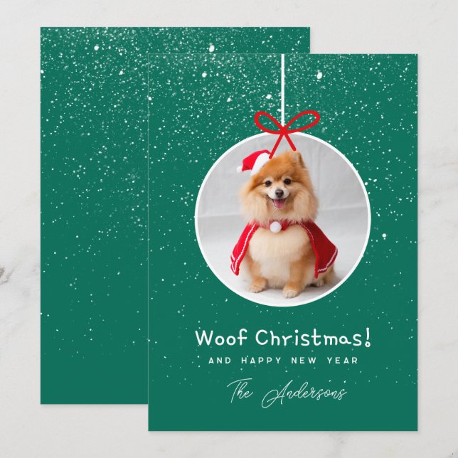 Hund Photo Snö Grönt Woof jul Julkort (Fram/baksida)