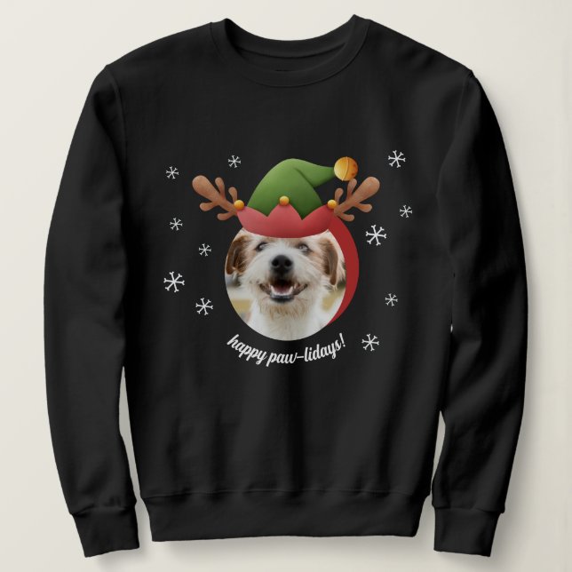 Hund Photo w/ Elf Reindeer Antler Hat-jul T Shirt (Design framsida)