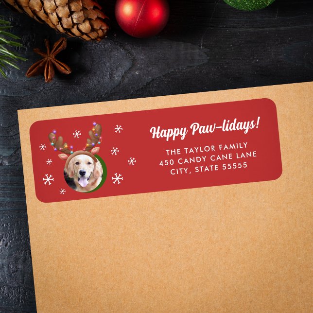 Hund Photo w/ Reindeer Antler Hat-jul Returadress Etikett (Skapare uppladdad)