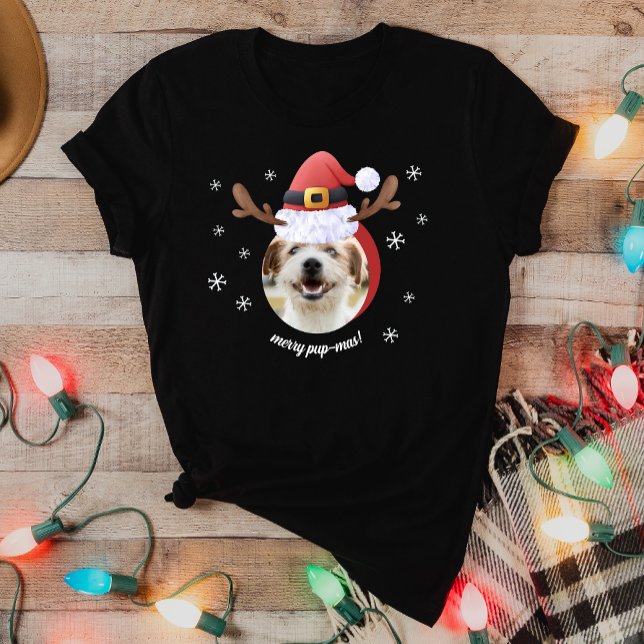 Hund Photo w/ Santa Reindeer Antler Hat-jul T Shirt (Skapare uppladdad)