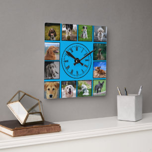 Hund Photos Collage på blå bakgrund Fyrkantig Klocka