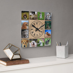 Hund Photos Collage på Papper bakgrund för stycke Fyrkantig Klocka
