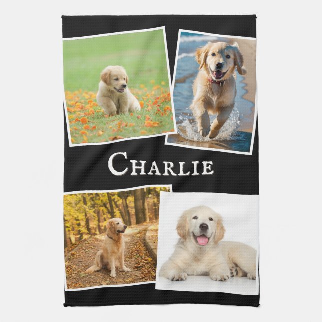 Hund Photos Pet Bild Collage Custom Name Black Kökshandduk (Vertikal)