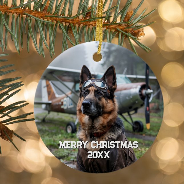 Hund Pilot Flygplan Funny Aviation Photo jul Julgransprydnad Keramik (Skapare uppladdad)
