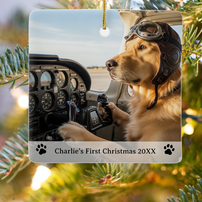 Hund Pilot Photo First jul Namn Year Aviator Julgransprydnad Keramik (Skapare uppladdad)