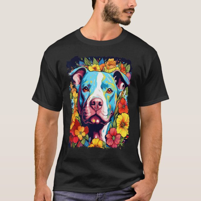 Hund Pitbull Blomma Kärlek Fred T Shirt (Framsida)