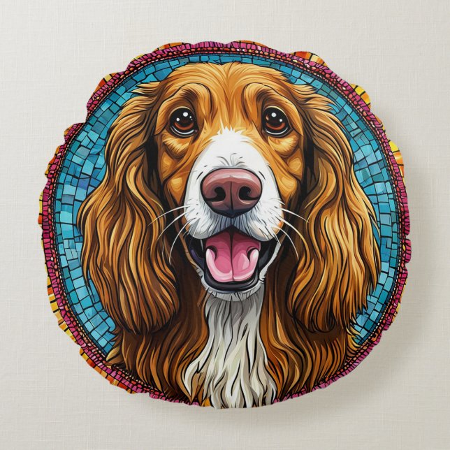 Hund Porträtt med Mosaic-inspirerad bakgrund Rund Kudde (Framsidan)
