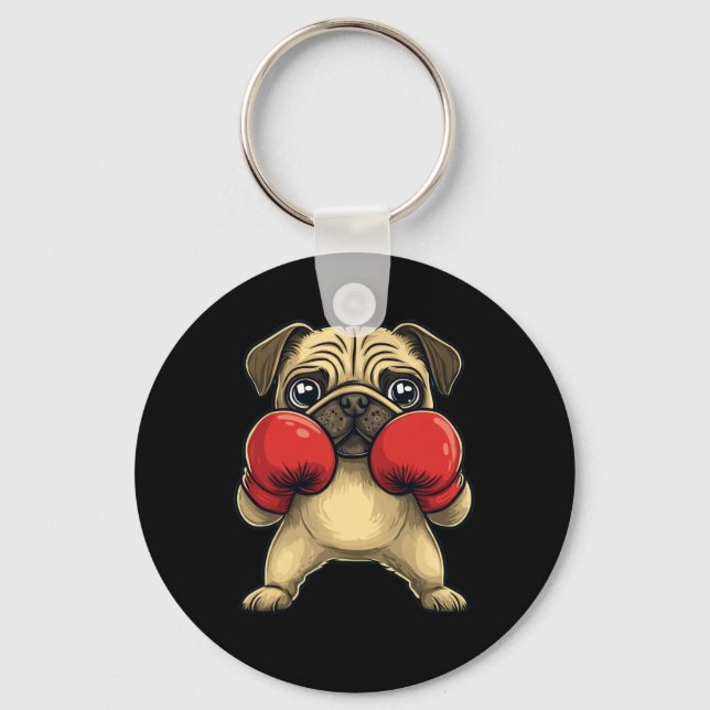 Hund Pug nedtryckt som en boxerfunny Boxing Nyckelring (Framsida)