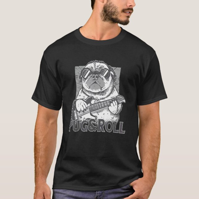 Hund Pug Rulla Gitarr Rockstjärna T Shirt (Framsida)