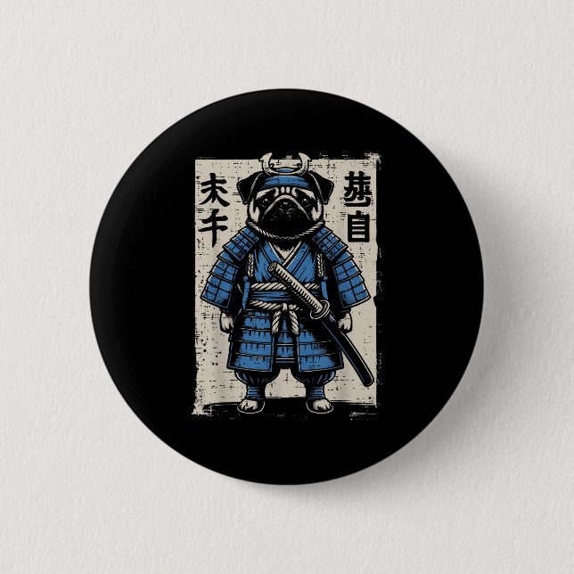 Hund Pug Samurai Funny Japanskt Warrior Art Manar  Knapp (Framsida)