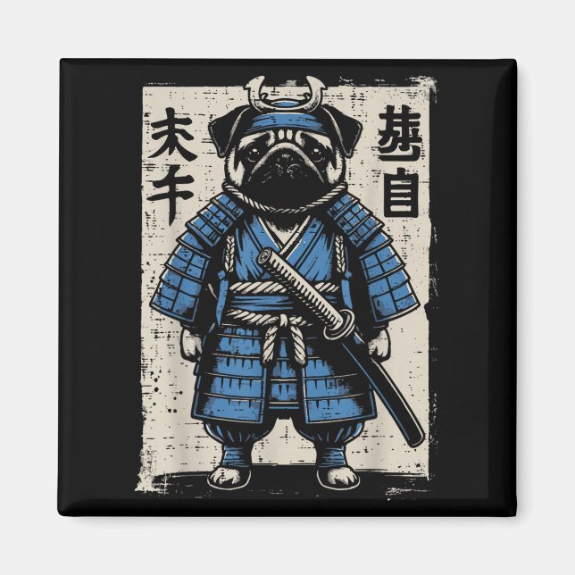 Hund Pug Samurai Funny Japanskt Warrior Art Manar  Magnet (Framsidan)