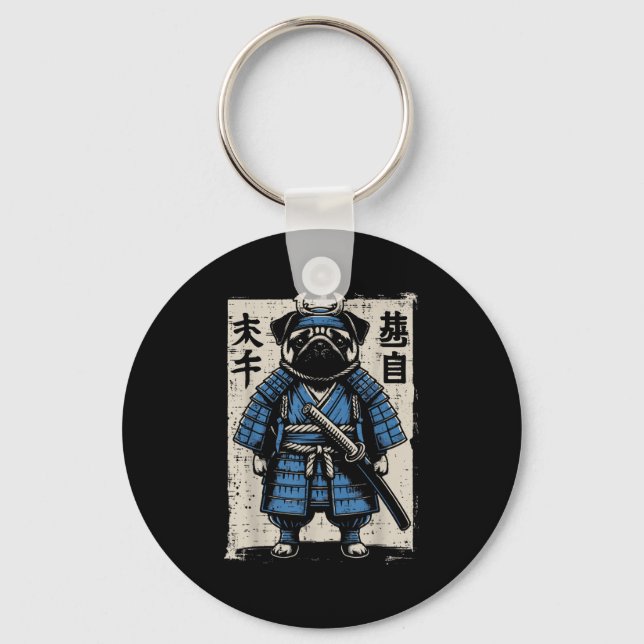 Hund Pug Samurai Funny Japanskt Warrior Art Manar  Nyckelring (Framsida)