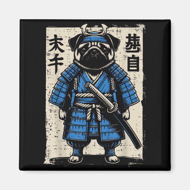 Hund Pug Samuraj Rolig Japansk Krigare Konst Män K Magnet (Framsidan)