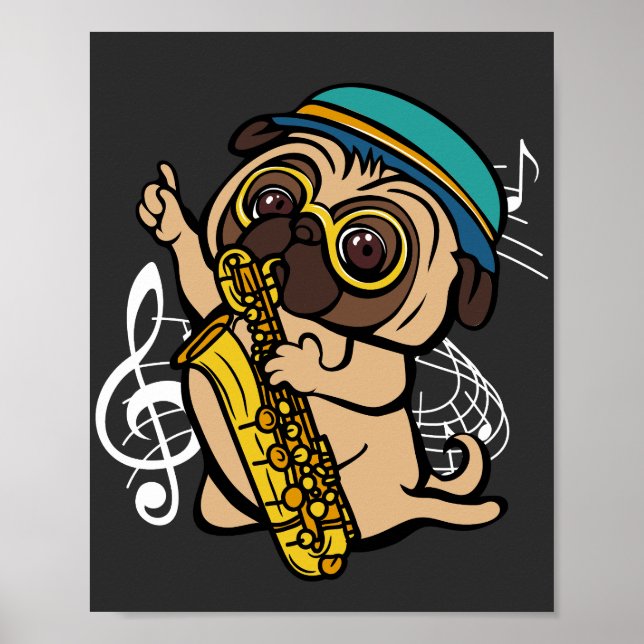 Hund Pug spelar saxofonmusiker Poster (Framsidan)