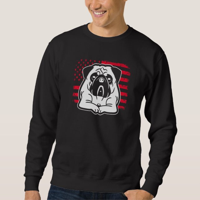 Hund Pug US American Flagga 1 Lång Ärmad Tröja (Framsida)