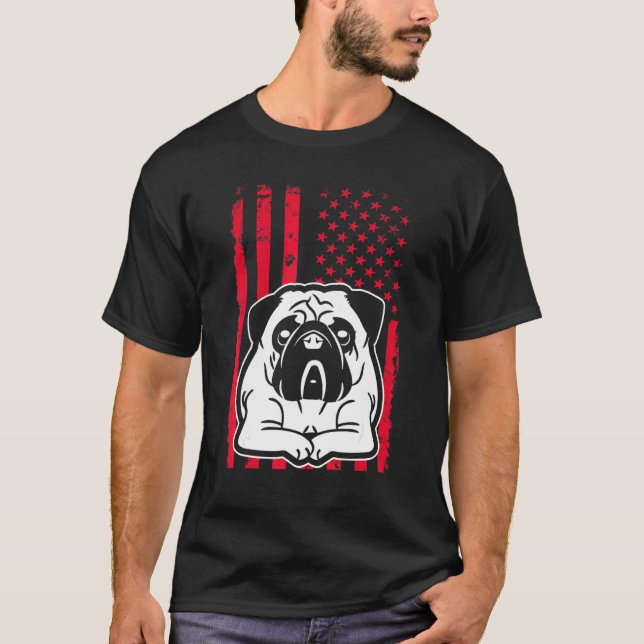 Hund Pug US American Flagga T Shirt (Framsida)