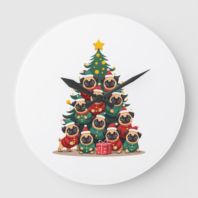 Hund Puggar Julgran Söt Jul (2) Stor Klocka (Framsida)