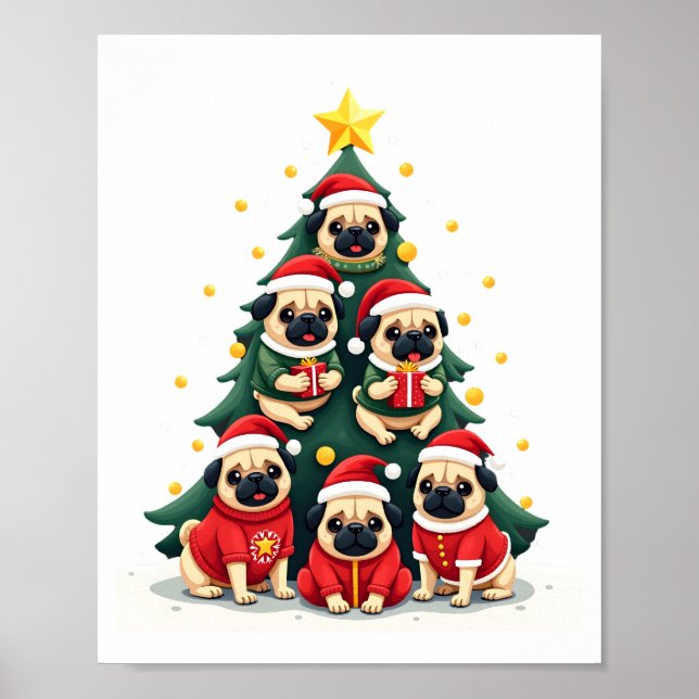 Hund Pugs julgran Söt Xmas (4) Poster (Framsidan)