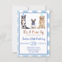 Hund Puppy Födelsedagsfest inbjudan Blue Gingham