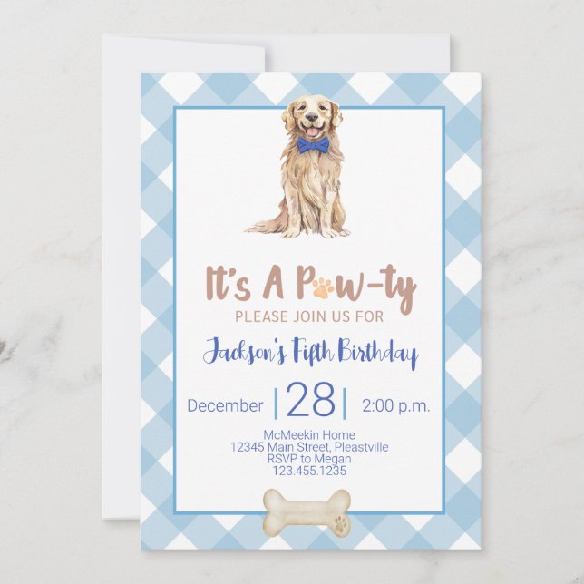 Hund Puppy Födelsedagsfest inbjudan Blue Gingham (Framsida)