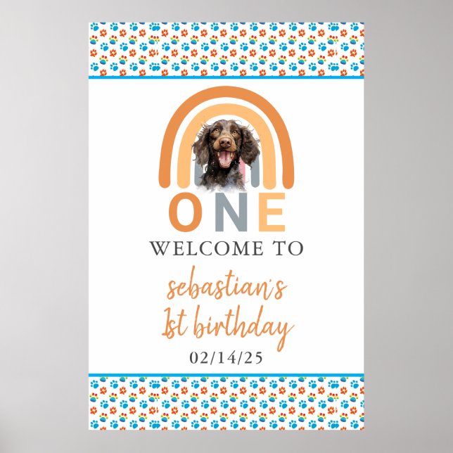 Hund Rainbow Watercolor 1:a födelsedagen Party Poster (Framsidan)