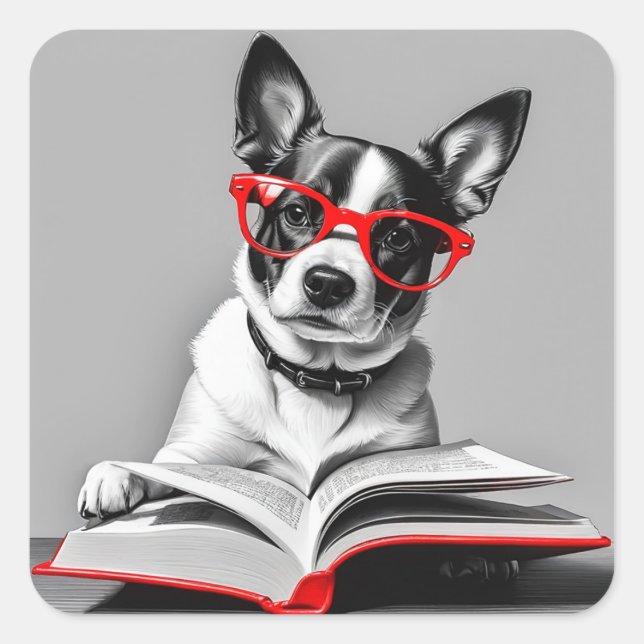 Hund Reading Bok Fyrkantigt Klistermärke (Framsida)