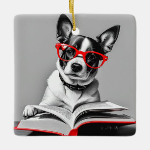 Hund Reading Bok Julgransprydnad Keramik