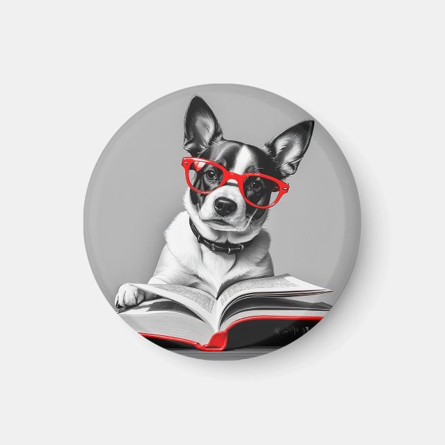 Hund Reading Bok Magnet (Framsidan)