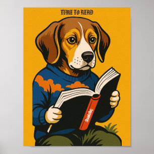Hund Reading with a Bok - time to read! Poster