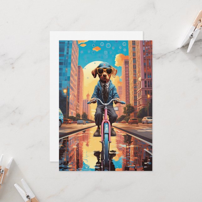 Hund Riding a Bicycle in City Inbjudningar (Fram/Back In Situ)