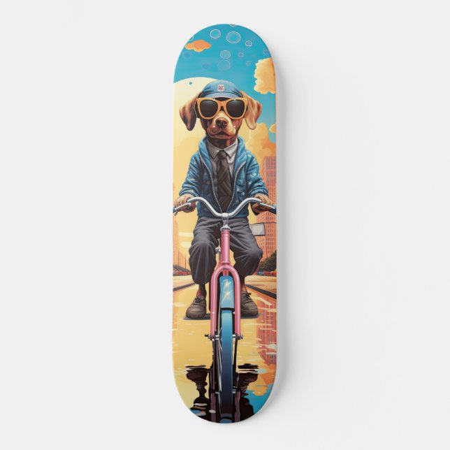 Hund Riding a Bicycle in City Mini Skateboard Bräda 18,5 Cm (Framsida)