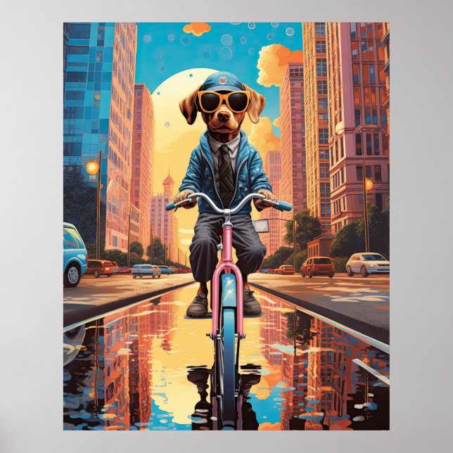 Hund Riding a Bicycle in City Poster (Framsidan)