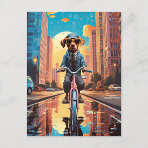 Hund Riding a Bicycle in City Vykort