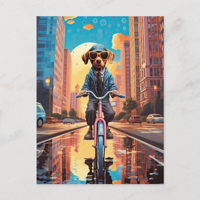Hund Riding a Bicycle in City Vykort (Framsida)