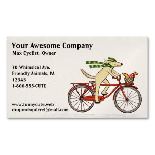 Hund Riding a Bicycle with Squirrel   Cute Animals Visitkortmagnet