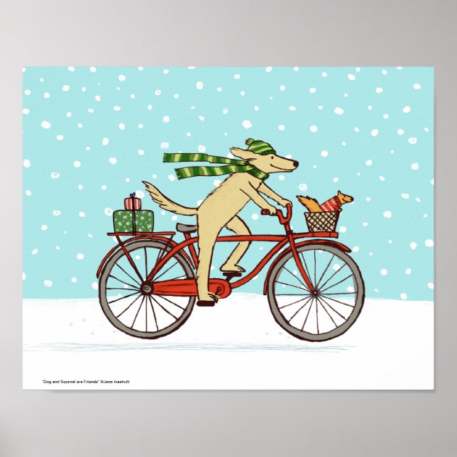 Hund Riding Bicycle med Squirrel Friend Whimsical Poster (Framsidan)